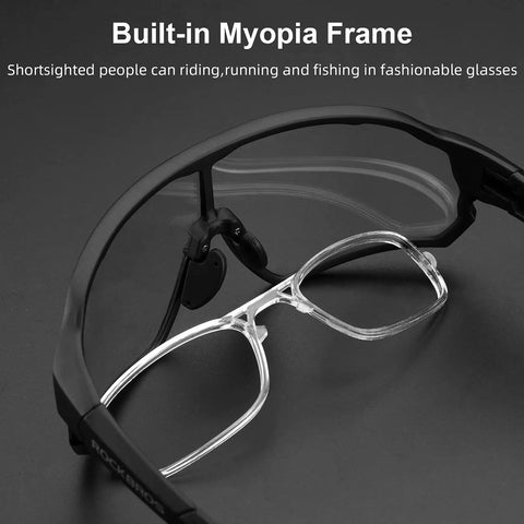 Photochromic Cycling Sunglasses For Men With Light Adaptive Lenses Frameless Design For Clear Peripheral Vision Sports Bike Glasses Ready For Any Ride featuring a built-in myopia frame for shortsighted users.