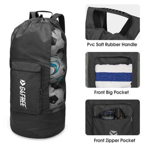 Extra Large Mesh Ball Bag For Soccer, Basketball, Volleyball, Football And More, Giant Capacity Gear Bag With Heavy Duty Zipper Pocket, Black, showing balls inside and pocket details.
