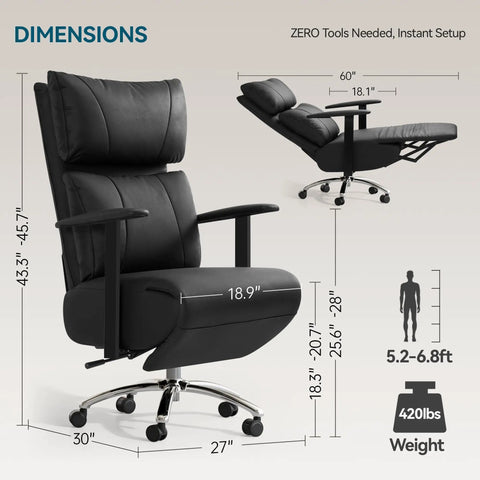 Ergonomic Leather Office Chair With Adjustable Headrest And Footrest, 170 Degree Zero Gravity Recline For Home Office, Black