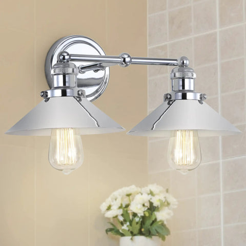 Lit Chrome 2 Light Industrial Farmhouse Vanity Light Wall Sconce With Metal Shade For Bathroom Mirror Kitchen Or Entryway LED