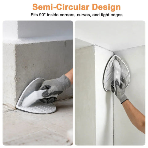 Person using Drywall Corner Sander Kit with semi-circular tool on inside corners for smoothing joints and tight edges.