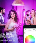 Party scene with Color Changing WiFi Smart Light Bulb No Hub Needed A19 RGB LED Bulb, mobile app interface visible