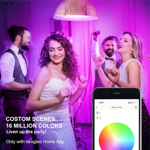 Party scene with Color Changing WiFi Smart Light Bulb No Hub Needed A19 RGB LED Bulb, mobile app interface visible