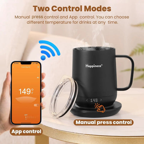 Self Heating Coffee Mug With Temperature Control Smart Cup 12 Oz Travel Warmer with digital temp display and App control feature.