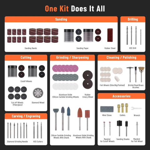 321 Piece Rotary Tool Bits Set For Compatibility With A Wide Range Of Projects Including Grinding Sanding Carving Polishing And Cutting Includes Three Universal Collets For Quick Bit Changes displayed in categories