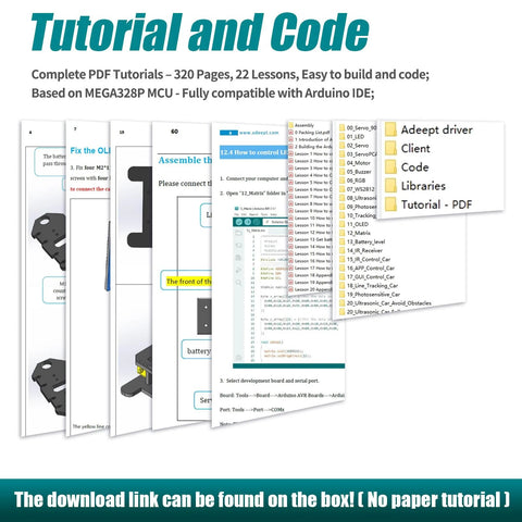 Tutorial collage for Adeept Mecanum Wheel Smart Car Kit; Arduino-compatible guides, libraries, and PDF tutorials.