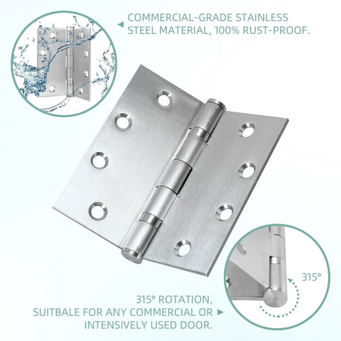 Six Pack Heavy Duty Ball Bearing Door Hinges 4.5 By 4.5 Square Inch Brushed Nickel Stainless Steel Build Rust Proof Hardware close-up with rotation detail.