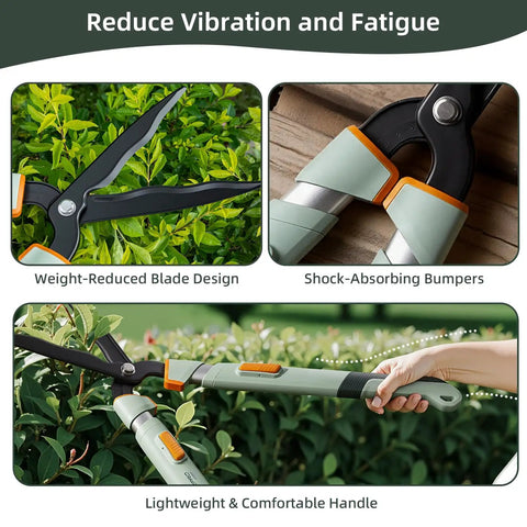 Extendable Hedge Shears With No Ladder Needed 27 To 35 Inch Reach Wavy Stainless Steel Blades Teflon Coated For Smooth Cuts