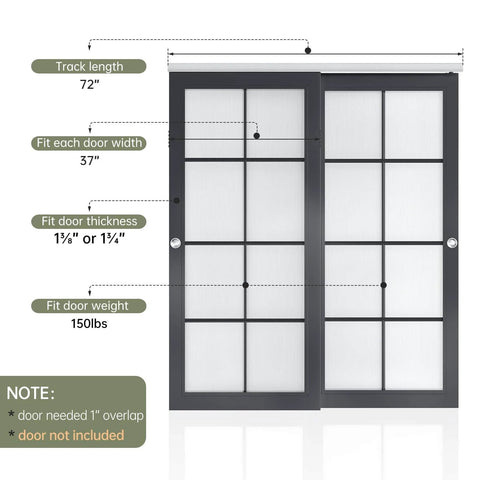 Bypass Pocket Door Hardware Kit 6 Foot 72 Inch Double Sliding System Commercial Grade Aluminum Track For Two Doors
