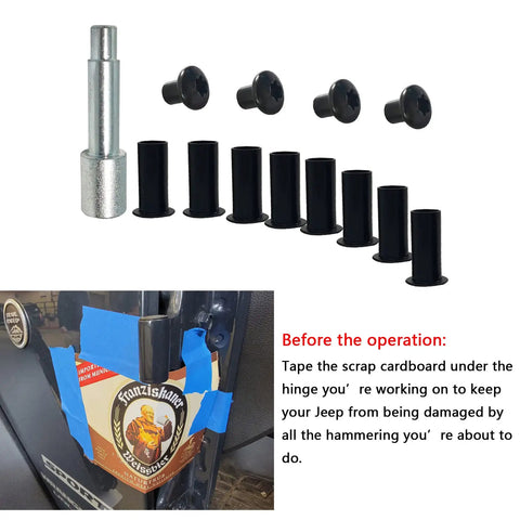 Jeep Wrangler Door Bushing Removal Tool And 4 Nut Kit For JK JKU 2007 2017 Easy Install Beefy Stainless Steel Door Bushings With Plastic Inserts And Black Powder Coated Rust Resistant Hinge Nuts, kit parts and door install