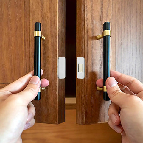 12 Pack No Drill Magnetic Cabinet Catches Ultra Thin Stainless Steel With Strong Adhesive For Kitchen Bathroom Closet And Rv Door Catching Solutions shown being installed on cabinet doors.