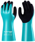 Grind Ready Reusable Nitrile Chemical Work Gloves With Soft Nylon Lining And Black Sandy Non Slip Grip For Serious Acid Alkali Oil Protection On Auto Shop Jobsites X Large, showing teal color and textured grip.