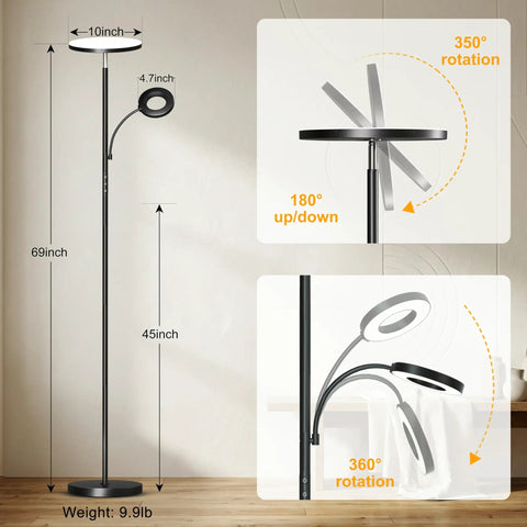 Upgraded 42W 4000LM LED Floor Lamp with remote, 69-inch height, 360-degree rotation, for living room and bedroom reading light