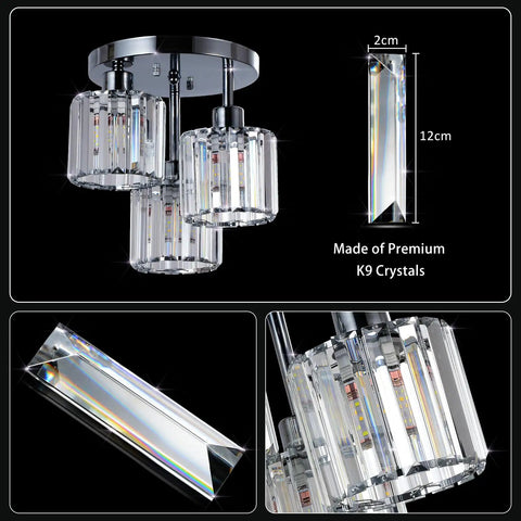 Semi Flush Mount Ceiling Light With Dope Crystal Shades 3 Light Modern Close To Ceiling Fixture showing crystal details