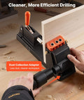 Lightweight Pocket Hole Jig Kit With One Half Inch To One And A Half Inch Adjustable Depth Dust Collection Adapter in use on wood.