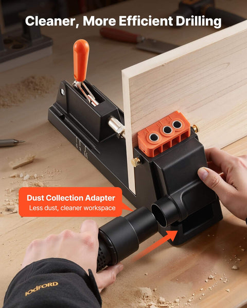 Lightweight Pocket Hole Jig Kit With One Half Inch To One And A Half Inch Adjustable Depth Dust Collection Adapter in use on wood.
