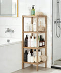 Slick Four Tier Bamboo Shelf Freestanding Bathroom Storage Rack Corner Organizer tight squeeze space saver displaying toiletries.