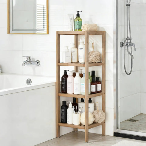 Slick Four Tier Bamboo Shelf Freestanding Bathroom Storage Rack Corner Organizer tight squeeze space saver displaying toiletries.