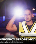 Person using Rechargeable All In One 2 In 1 Flashlight Lantern With 360 Degree Camping Light And Emergency Strobe at night.