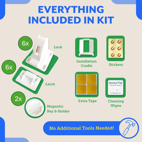 Kit contents for Six Pack Magnetic Cabinet Locks For Babies With Two Keys, includes locks, latches, tape, and cleaning wipes.