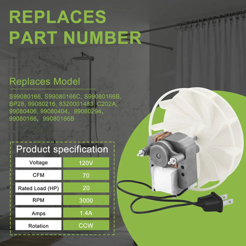 Replacement Bathroom Exhaust Fan Motor 120V 70 CFM Pure Copper for NuTone Broan Vent Fans S99080166 BP28 CCW 3000 RPM