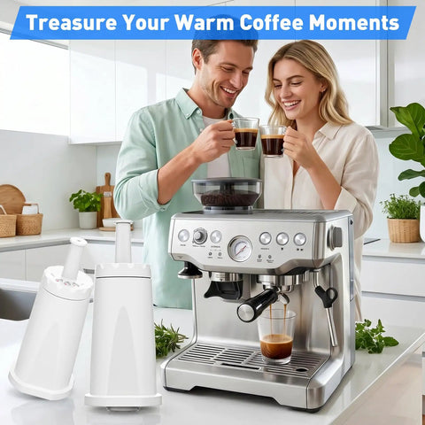 Top Notch 6 Pack Water Filter Replacement For Breville Espresso Machine Barista Touch Oracle Pro Double Boiler Systems Easy Twist Install in kitchen with couple enjoying coffee.