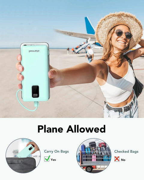 Woman holding Portable Charger With Built In Cables And Plug 10000mAh USB C Power Bank Fast Charging Slim External Battery Pack at airport