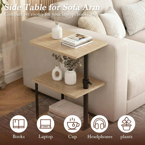 Built Tough 360 Degree Swivel C Shaped End Table With Roomy Three Tier Open Storage Rack And Heavy Duty Metal Frame Featuring Slick Oak Finish For Couch Or Bedside beside a sofa with books and a vase.