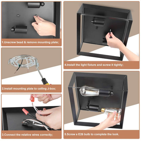 Installation steps for Two Light Flush Mount Ceiling Light Fixture In Industrial Black Metal Finish with E26 Base