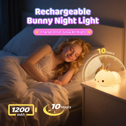 Girl sleeping with Kawaii Squishy Bunny Night Light For Kids With 16 Colors LED Glow Soft Silicone Bunny Lamp on nightstand