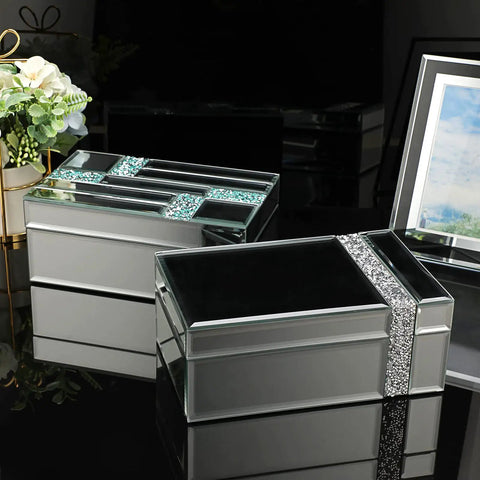 Lux Glass Mirrored Jewelry Box With Crushed Diamonds Strip Decor And Blinged Out Sparkle Accent Storage For Rings Earrings And Necklaces High End Vanity Keepsake Box Designed For Women And Girls Gift displayed on black surface