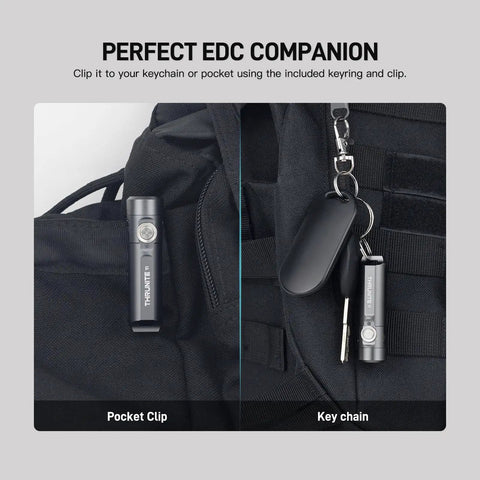 Ti2 EDC Flashlight Tiny But Mighty Pocket Size Keychain Light With 120 Lumen Output Powered By AAA Battery Ultra Lightweight Waterproof And Shockproof For Everyday Carry Black shown clipped to a backpack and on a keychain.