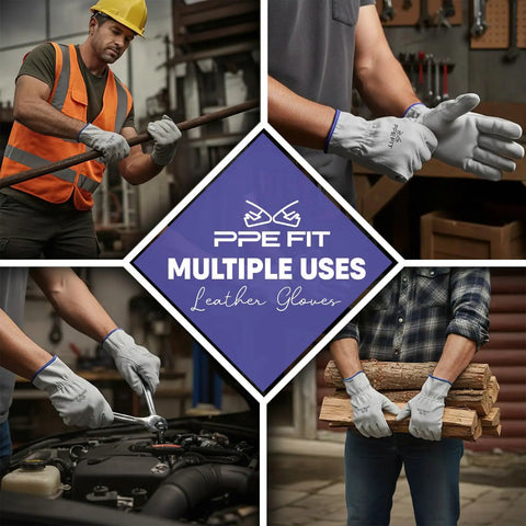 Large Heavy Duty Cowhide Leather Driver Work Gloves For Driving Trucking Construction And Outdoor Tasks With Reinforced Palm And Fingers For Superior Grip Protection In Farming Landscaping Gardening Ranching And DIY. Multi-use leather gloves on work tasks.