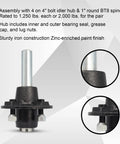 Heavy Duty Two Pack Trailer Idler Hub Kit Fits 2000 Lb Axle With Four On Four Bolt Pattern And One Inch BT8 Spindle with lug nuts and bearing seals.