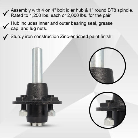 Heavy Duty Two Pack Trailer Idler Hub Kit Fits 2000 Lb Axle With Four On Four Bolt Pattern And One Inch BT8 Spindle with lug nuts and bearing seals.