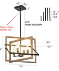4 Light Rustic Farmhouse Chandelier With Oil Rubbed Bronze Finish showing dimensions and adjustable rod, 15.9in x 17.3in