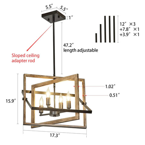 4 Light Rustic Farmhouse Chandelier With Oil Rubbed Bronze Finish showing dimensions and adjustable rod, 15.9in x 17.3in