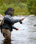 Angler wearing Premium Mosquito Head Net 2 Pack For Camping Hiking Fishing Gardening Safari Fits All Hats For Men And Women