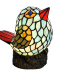 Bird Themed Glass Nightstand Lamp With Blue Green Stained Shade, resin base, colorful bird design for cozy kids room lighting.