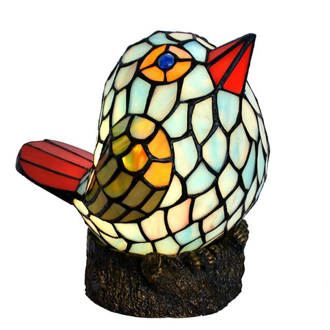 Bird Themed Glass Nightstand Lamp With Blue Green Stained Shade, resin base, colorful bird design for cozy kids room lighting.