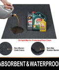 Oil Spill Mat For Garage Floor 7.4 By 8.4 Feet Premium Absorbent Pad With Waterproof Rubber Backing Washable And Reusable Keeps Your Garage Floor Clean From Spills Drips Splashes And Stains, shown with oil being poured to demonstrate absorbency.