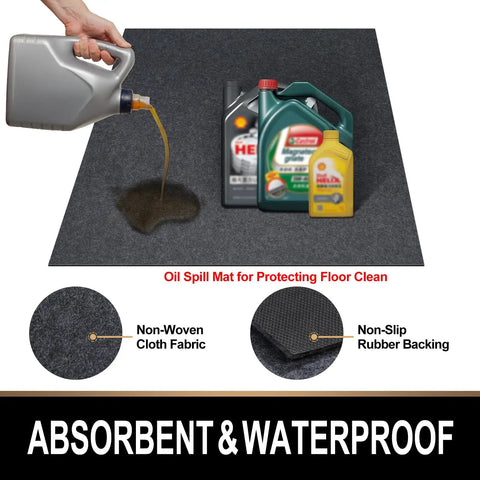 Oil Spill Mat For Garage Floor 7.4 By 8.4 Feet Premium Absorbent Pad With Waterproof Rubber Backing Washable And Reusable Keeps Your Garage Floor Clean From Spills Drips Splashes And Stains, shown with oil being poured to demonstrate absorbency.