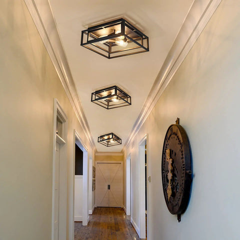 Black 3 Light Flush Mount Ceiling Fixture With Industrial Metal Style Close To Ceiling Farmhouse Lighting in hallway