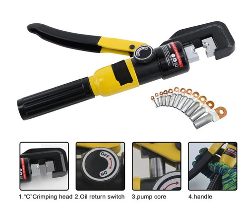 Beefy Hydraulic Crimping Tool For Cable Lugs And 4-70mm2 Terminals, YQK-70, 5-6 Ton Pressure, 360 Degree Rotating Jaw, Smooth, Easy Crimps On Copper, Aluminum, PEX PB Pipes And Stainless Steel Sleeves, ES RU Warehouse Ready; c-shaped head and die set