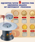 Powerful 1300W Grain Mill Grinder Electric Corn Grinder with 5 sieves displayed for different fineness options, 110V.