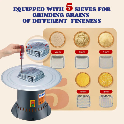 Powerful 1300W Grain Mill Grinder Electric Corn Grinder with 5 sieves displayed for different fineness options, 110V.