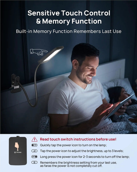 Man reading in bed with Super Bright LED Desk Lamp With Clamp, 1000 Lumens, 3 Level Dimmable, 6000K Daylight, touch control in use.