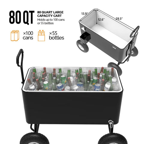 80 Quart Rolling Cooler Wagon With Long Handle And 10 Inch Wheels For Beach Patio Party Beers And Beverages On The Go Portable Ice Chest Keeps Drinks Cold For Hours With Easy Roll Mobility And Weatherproof Design filled with bottles and cans