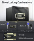 Heavy Duty Home Safe Box With Digital Keypad And Dual Key System One Point Two Cubic Feet Fireproof Waterproof Money Bag Mountable For Home Office Valuables And Documents Black showing three locking combinations