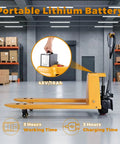 High Power Northsky Electric Pallet Jack Replacement Battery 12 Volt Sealed Lead Acid Pack on yellow pallet jack in warehouse.